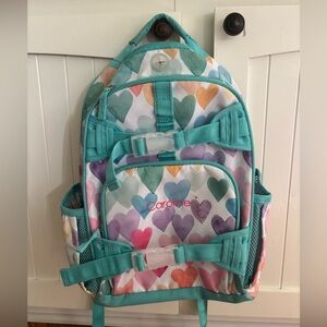 Pottery Barn Kids Mackenzie Aqua Rainbow Hearts Backpack - Caroline monogrammed